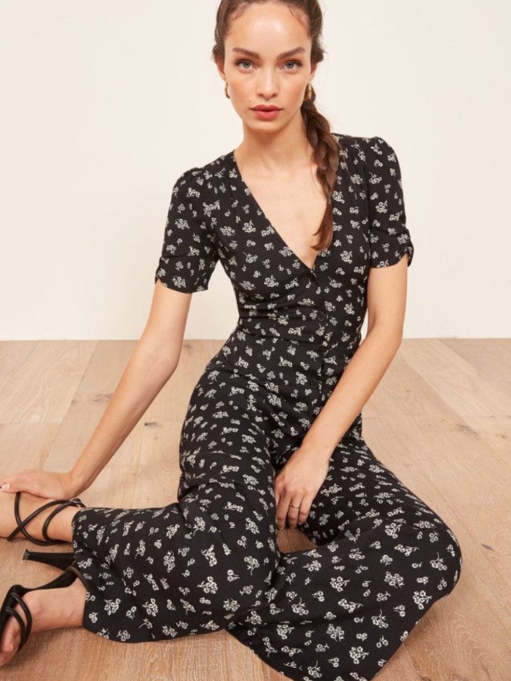 REFORMATION Floral B&W France High waist V-Neck France Wide Leg Crop Jumpsuit XS